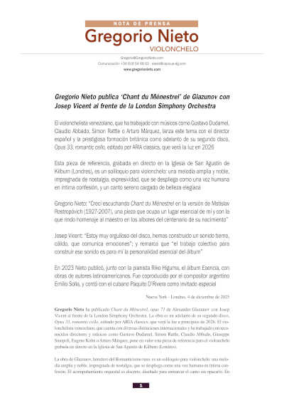 Gregorio Nieto publica «Chant du Ménestrel» de Glazunov con Josep Vicent al frente de la London Simphony Orchestra