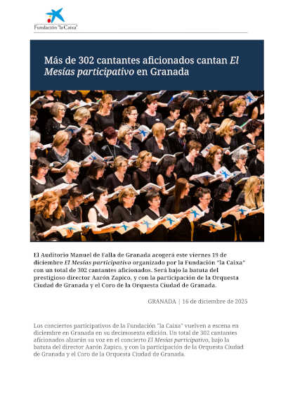 Más de 302 cantantes aficionados cantan El Mesías participativo junto a la Orquesta Ciudad de Granada y Coro de la OCG