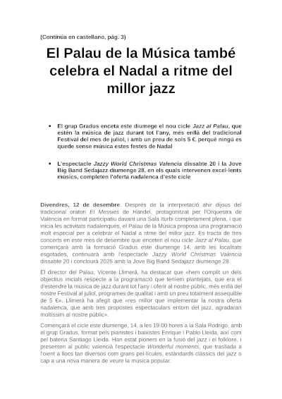 El Palau de la Música también celebra la Navidad a ritmo del mejor jazz