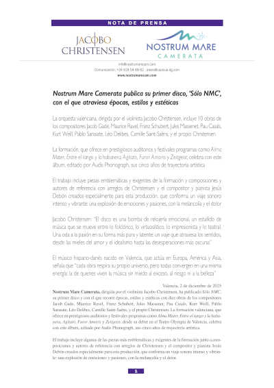 Nostrum Mare Camerata publica su primer disco, «Sólo NMC», con el que atraviesa épocas, estilos y estéticas