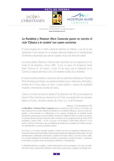 La Rambleta y Nostrum Mare Camerata ponen en marcha el ciclo «Clàssica a la cambra» con cuatro conciertos