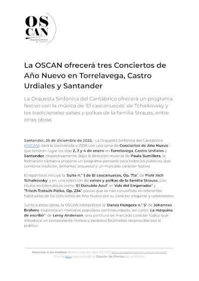 La OSCAN ofrecerá tres Conciertos de Año Nuevo en Torrelavega, Castro Urdiales y Santander