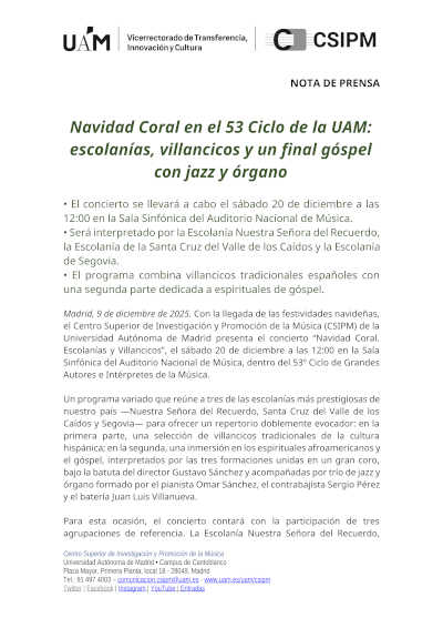 Navidad Coral en el 53 Ciclo de la UAM: escolanías, villancicos y un final góspel con jazz y órgano