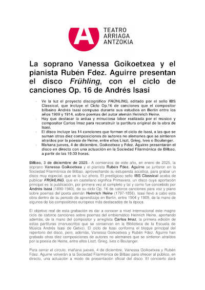 La soprano Vanessa Goikoetxea y el pianista Rubén Fernández Aguirre presentan el disco Frühling