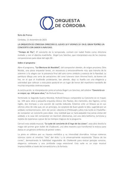 La Orquesta de Córdoba ofrecerá un concierto con sabor a Navidad en el Gran Teatro de Córdoba