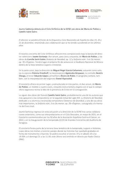 Jaume Santonja debuta en el Ciclo Sinfónico de la OCNE con obras de María de Pablos y Camille Saint-Saëns