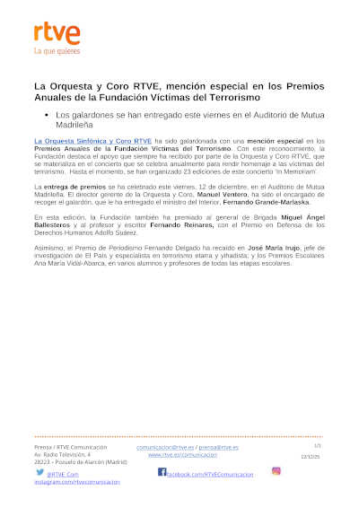 La Orquesta y Coro RTVE, mención especial en los Premios Anuales de la Fundación Víctimas del Terrorismo