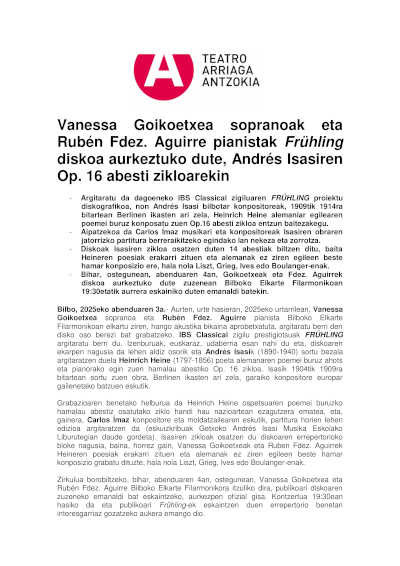La soprano Vanessa Goikoetxea y el pianista Rubén Fernández Aguirre presentan el disco Frühling