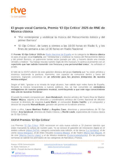 El grupo vocal Cantoría, Premio «El Ojo Crítico» 2025 de RNE de Música clásica