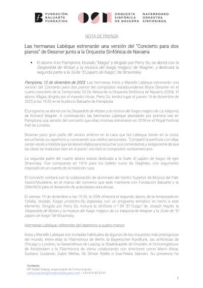 Las hermanas Labèque estrenarán una versión del “Concierto para dos pianos” de Dessner junto a la Orquesta Sinfónica de Navarra