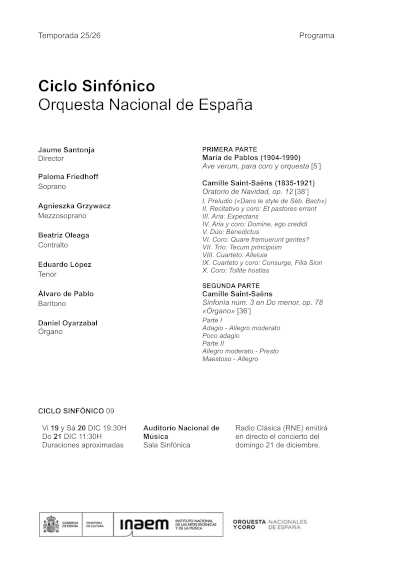 Jaume Santonja debuta en el Ciclo Sinfónico de la OCNE con obras de María de Pablos y Camille Saint-Saëns