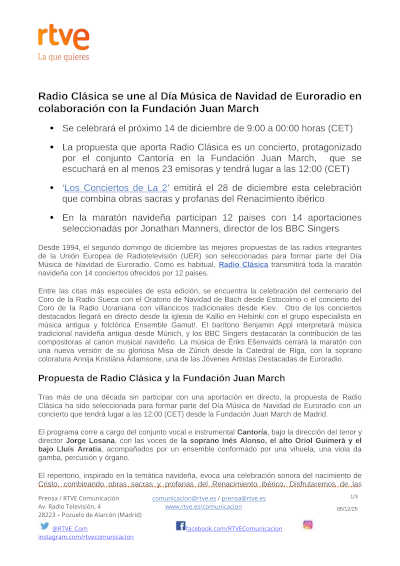 Radio Clásica se une al Día Música de Navidad de Euroradio en colaboración con la Fundación Juan March