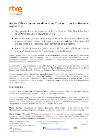 Radio Clásica emite en directo el Concierto de los Premios Nobel 2025