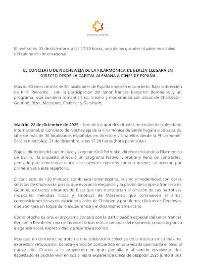 El Concierto Nochevieja Filarmónica Berlín llegará en directo desde Alemania a los cines de España con Versión Digital