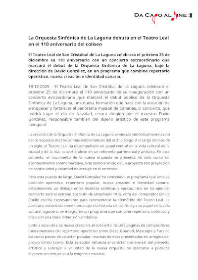 La Orquesta Sinfónica de La Laguna debuta en el Teatro Leal en el 110 aniversario del coliseo