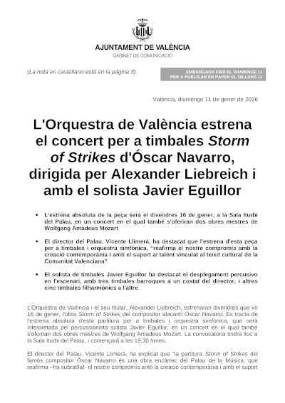 La Orquesta de València estrena el concierto para timbales Storm of Strikes de Óscar Navarro, dirigida por Alexander Liebreich