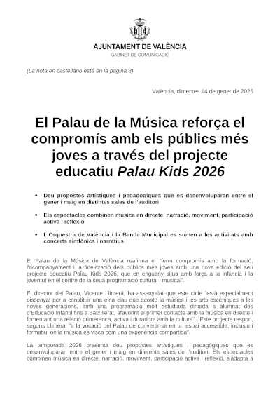 El Palau de la Música refuerza su compromiso con el público más joven a través del proyecto educativo Palau Kids 2026
