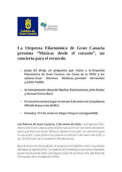 La Orquesta Filarmónica de Gran Canaria presenta “Músicas desde el corazón”, un concierto para el recuerdo