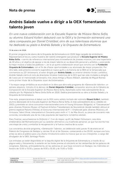 Andrés Salado vuelve a dirigir a la Orquesta de Extremadura fomentando talento joven