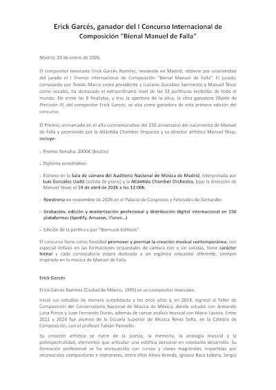 Erick Garcés, ganador del I Concurso Internacional de Composición “Bienal Manuel de Falla”