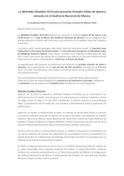 La Atlántida Chamber Orchestra presenta «Grandes éxitos de ópera» y zarzuela en el Auditorio Nacional de Música