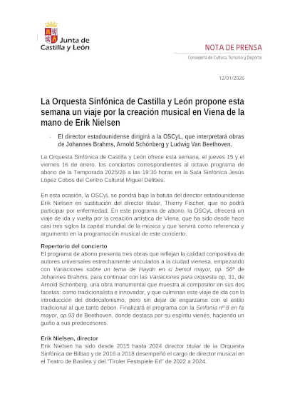 La Orquesta Sinfónica de Castilla y León propone un viaje por la creación musical en Viena de la mano de Erik Nielsen