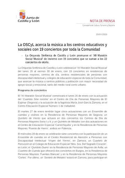La OSCyL acerca la música a los centros educativos y sociales con 19 conciertos por toda la Comunidad