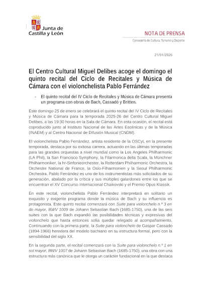 El Centro Cultural Miguel Delibes acoge el domingo el quinto recital del Ciclo de Recitales y Música de Cámara