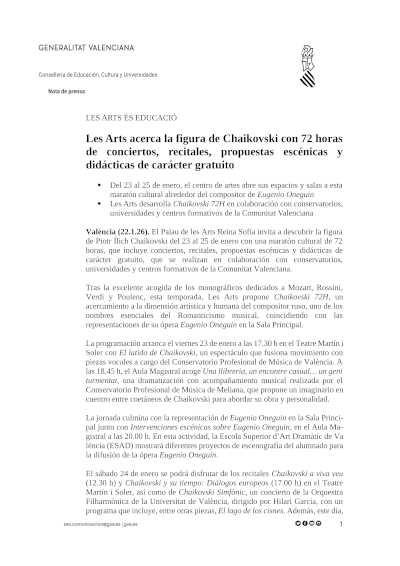 Les Arts acerca la figura de Chaikovski con 72 horas de conciertos, recitales, propuestas escénicas y didácticas