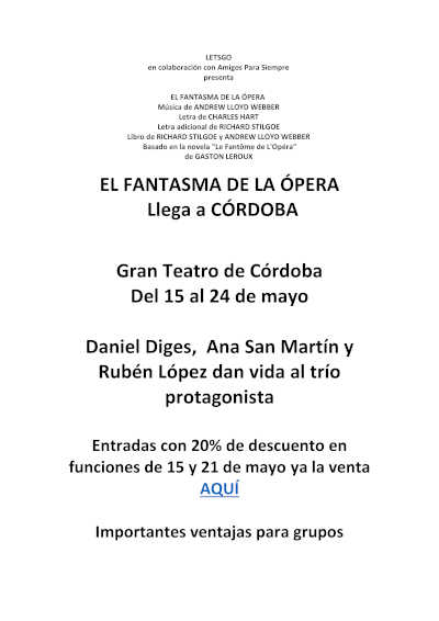 El aclamado musical «El fantasma de la ópera» llega al Gran Teatro de Córdoba