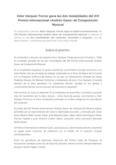 Aitor Vázquez Torres gana las dos modalidades del XVI Premio Internacional «Andrés Gaos» de Composición Musical