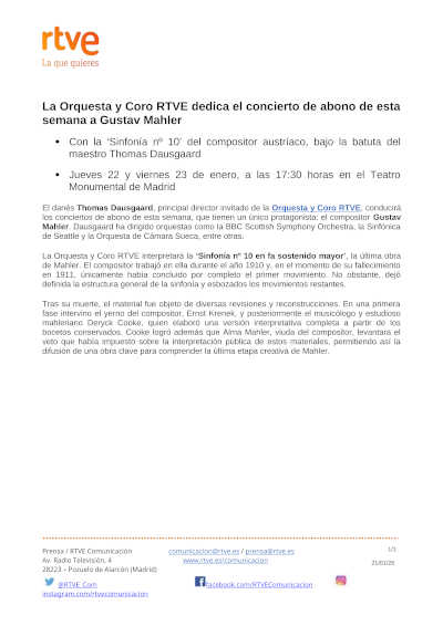 La Orquesta y Coro RTVE dedica el concierto de abono de esta semana a Gustav Mahler