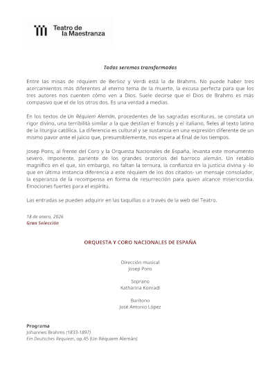 Todos seremos transformados: el Réquiem alemán de Brahms en el Maestranza