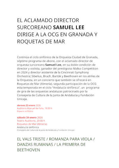 El maestro Samuel Lee, aclamado director surcoreano, dirige la OCG en Granada y Roquetas de Mar
