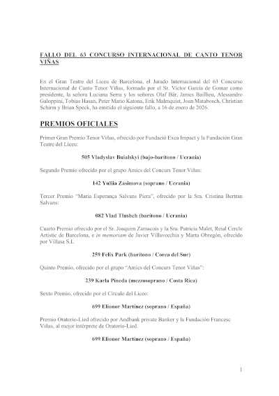 El 63.º Concurso Tenor Viñas culmina con la victoria de Vladyslav Buialskyi