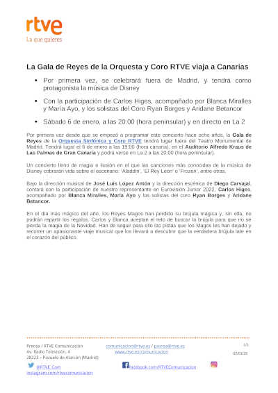 La Gala de Reyes de la Orquesta y Coro RTVE viaja a Canarias