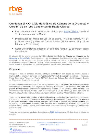 Comienza el XXX Ciclo de Música de Cámara de la Orquesta y Coro RTVE en «Los Conciertos de Radio Clásica»