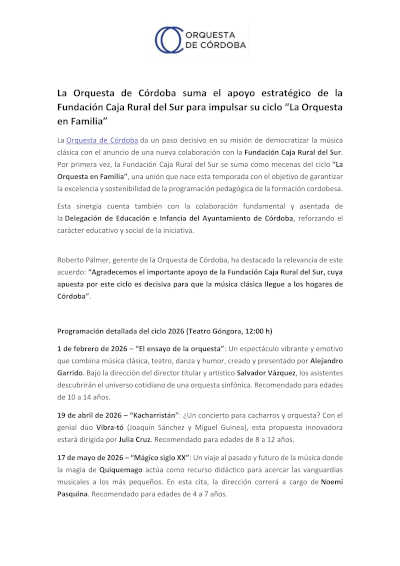 La Orquesta de Córdoba refuerza su ciclo familiar con el apoyo de la Fundación Caja Rural del Sur