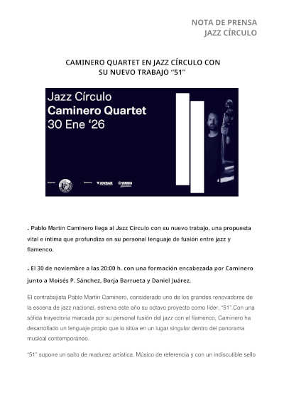 Caminero Quartet presenta 51 en Jazz Círculo, un nuevo hito en el universo creativo de Pablo Martín Caminero