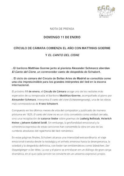 Círculo de Cámara comienza el año con Matthias Goerne y El canto del cisne