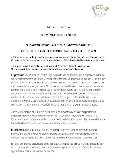 Elisabeth Leonskaja y el Cuarteto Danel en el Cíclo Círculo de Cámara con Shostakóvich y Beethoven