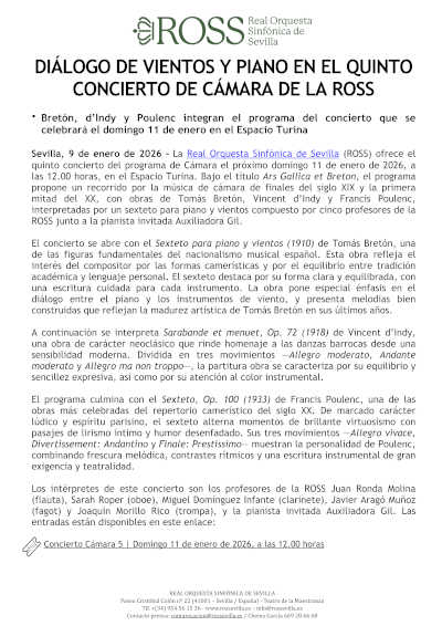 Díalogo de vientos y piano en el Quinto Concierto de Cámara de la ROSS