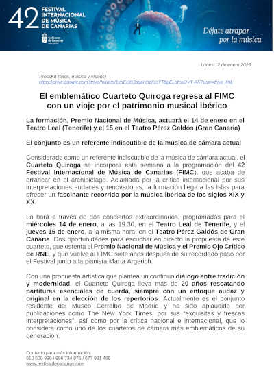 El emblemático Cuarteto Quiroga regresa al FIMC con un viaje por el patrimonio musical ibérico