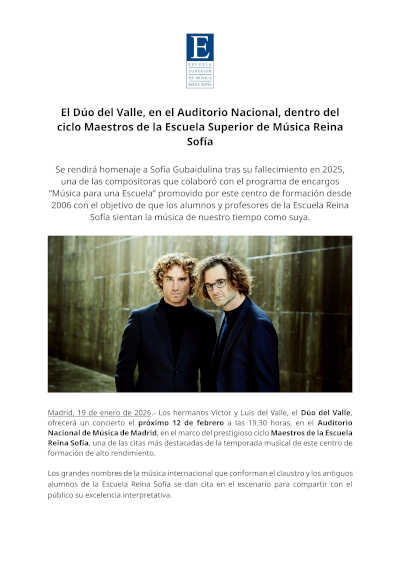 El Dúo del Valle, en el Auditorio Nacional, dentro del ciclo Maestros de la Escuela Superior de Música Reina Sofía