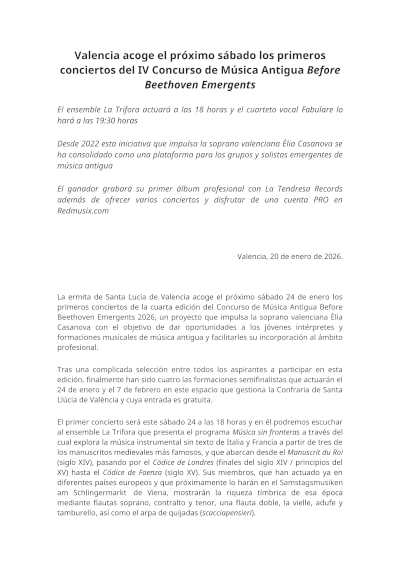 Valencia acoge el próximo sábado los primeros conciertos del IV Concurso de Música Antigua Before Beethoven Emergents