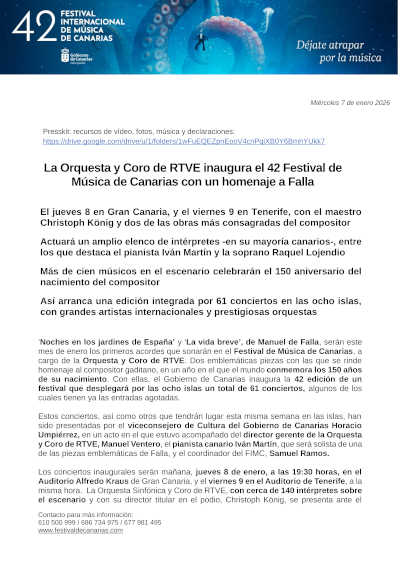 El FIMC 2026 abre su 42.ª edición con un homenaje a Manuel de Falla a cargo de la Orquesta y Coro RTVE