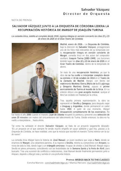 Salvador Vázquez junto a la Orquesta de Córdoba lidera la recuperación histórica de Margot de Joaquín Turina