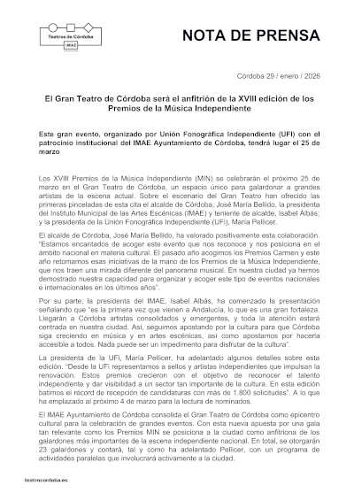 El Gran Teatro de Córdoba será el anfitrión de la XVIII edición de los Premios de la Música Independiente