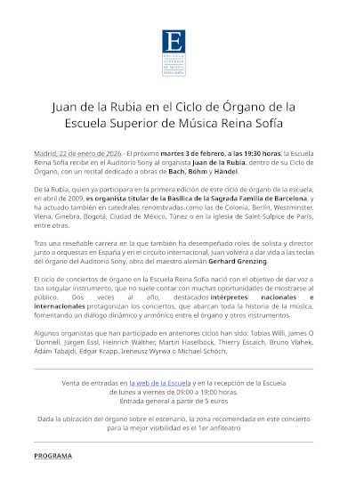 Juan de la Rubia en el Ciclo de Órgano de la  Escuela Superior de Música Reina Sofía