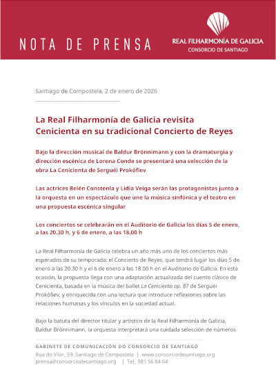 La Real Filharmonía de Galicia revisita Cenicienta en su tradicional Concierto de Reyes